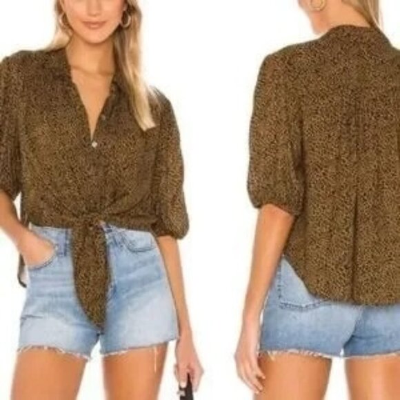 Free People Tops - Free People Celia Brown Leopard Print Tie Front Button Down Top